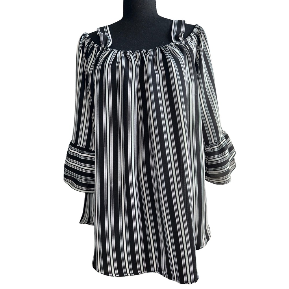 Hot In Hollywood‎ Stripe Cold Shoulder Ruffle Sleeve Blouse Top SzL Boho Office